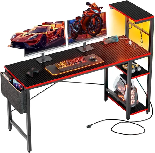 Vista 13 de Bestier - Escritorio de juegos con luces LED, escritorio para PC de 44 pulgadas para espacios pequeños, escritorio de computadora con estantes