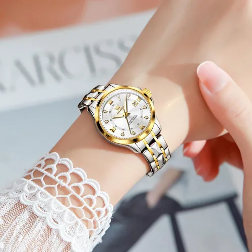 Vista 2 de OLEVS Relojes de diamante de lujo pequeños para mujer - Pulsera de acero inoxidable, impermeables, analógicos, luminosos, con fecha, relojes