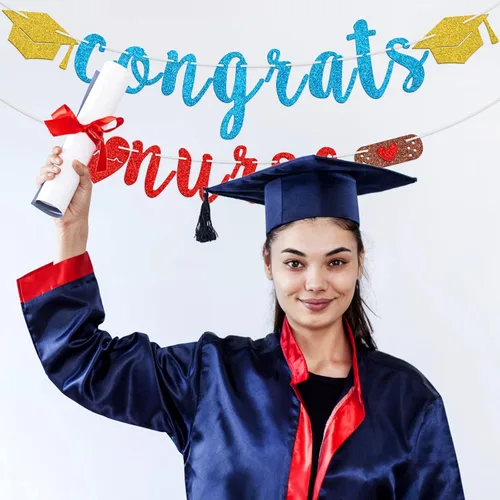 Vista 6 de Cartel de felicitaciones con purpurina, decoraciones de fiesta de graduación de enfermera, suministros de fiesta de graduación de enfermería