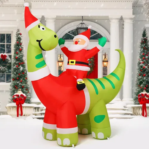 Vista 3 de COMIN Decoraciones Inflables de Navidad de 6 pies para Exteriores, Papá Noel Inflable Montando un Dinosaurio Inflable con LEDs Integrados