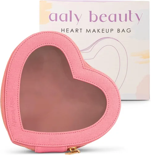 Vista 6 de Bolsa de maquillaje con forma de corazón – Bolsa de cosméticos de corazón rosa con cubierta transparente – Ideas de regalo para mujeres, mamá