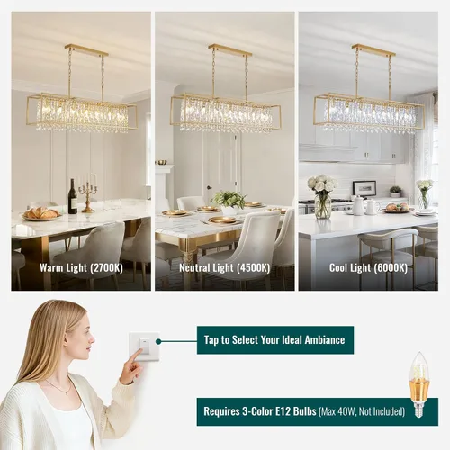Vista 6 de Siljoy Moderno candelabro rectangular de cristal lineal dorado, L47