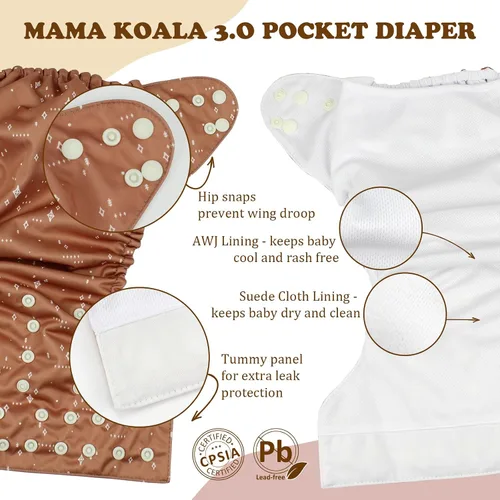 Vista 3 de Mama Koala Pañales de tela 3.0 para bebé con 6 insertos, con 2 paquetes reutilizables para colgar en seco y húmedo