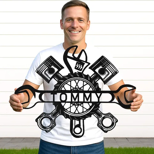 Vista 13 de Letrero de metal personalizado para garaje, arte de pared personalizado para hombres, decoración de taller mecánico con nombre, decoración