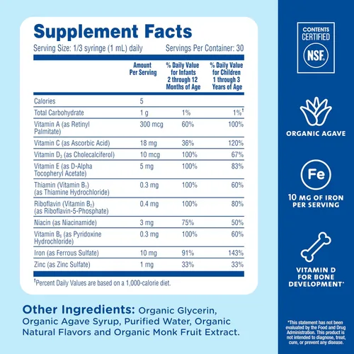 Vista 5 de Mommy's Bliss Multivitamínico + hierro para bebés, vitaminas esenciales diarias para el apoyo inmunológico, crecimiento saludable y desarrollo óseo