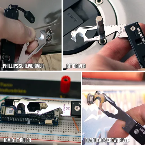 Vista 3 de Multiherramienta compacta de llavero 11 en 1 con clip de bolsillo y paraPull – Abrebotellas, abrebotellas, cortador de cables, mini destornilladores