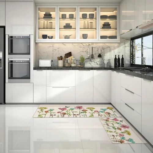 Vista 7 de Tapetes de cocina para piso, 2 piezas, color crema, flores coloridas, mariposas, tapetes de cocina para frente del fregadero, alfombras de cocina