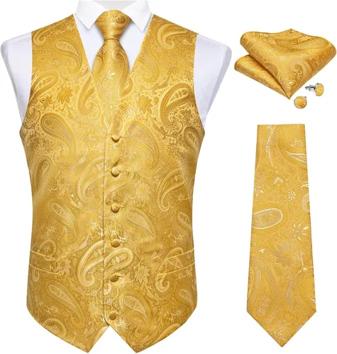 Vista 17 de DiBanGu Conjunto de 5 chalecos de seda con corbata y corbatín para hombre Paisley oro negro