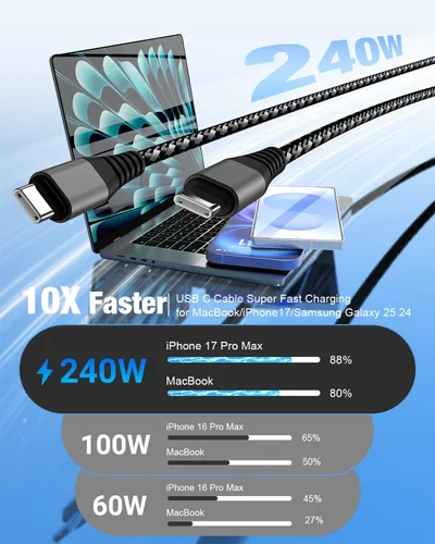 Vista 2 de Cabepow Cable USB C a USB C de 240 W [2 unidades de 6 pies + 10 pies], cable de carga rápida USB C a C, cable trenzado tipo C a tipo C para iPhone
