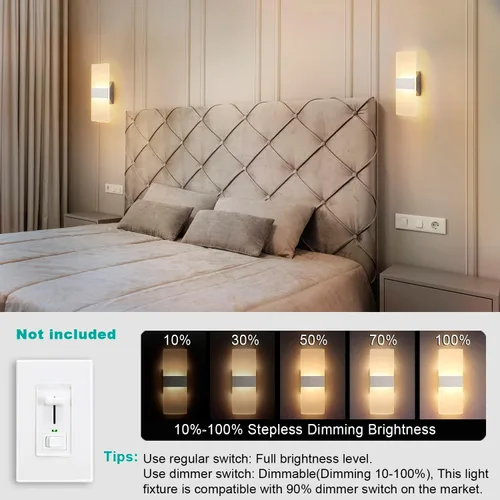 Vista 3 de TRLIFE Juego de 2 apliques de pared modernos con luces LED regulables de 12 W, 3000 K, luz blanca cálida para dormitorio, baño, sala de estar Blanco