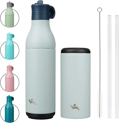 Vista 18 de Konokyo Botella de agua de acero inoxidable de 13 onzas con pajilla, aislada, botella de viaje de metal reutilizable con parte inferior extraíble