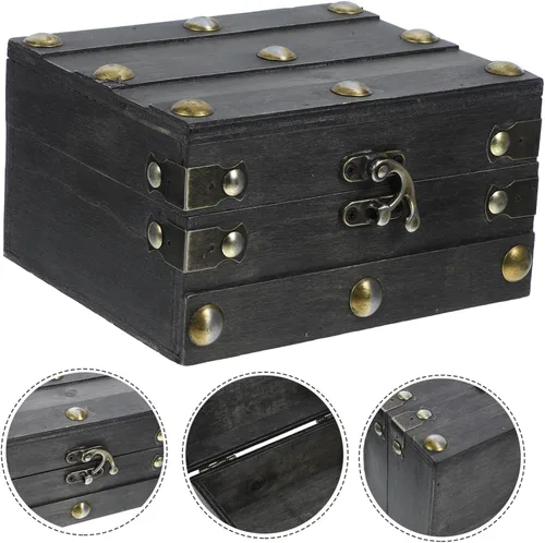 Vista 4 de Joyero vintage pirata con tapa con bisagras, almacenamiento de recuerdos de madera, organizador retro para joyas y recuerdos, diseño antiguo