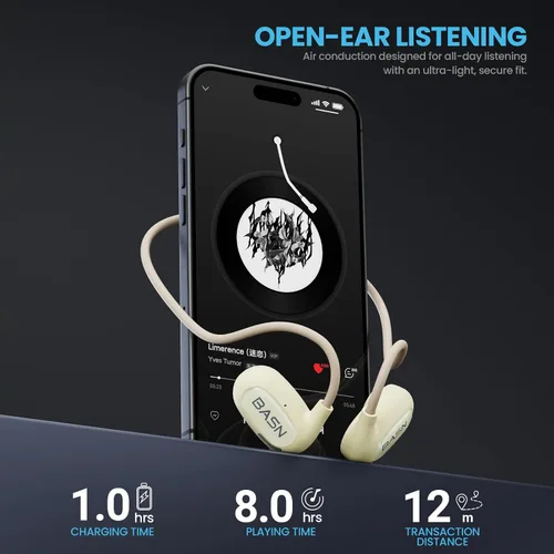 Vista 2 de BASN AirS1 - Auriculares de oreja abierta, Bluetooth 5.3 conducción de aire, auriculares deportivos ENC con sonido premium y llamadas claras, IPX5