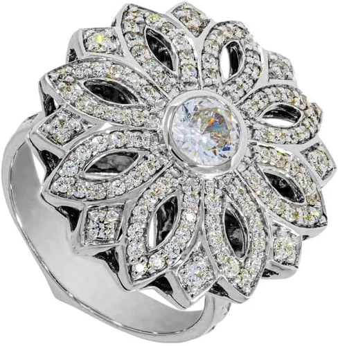 Vista 3 de ETHNIQ Carrington Collection - Alianzas de boda chapadas en platino con tema floral adornado con circonita cúbica de diamante, ideas de regalo