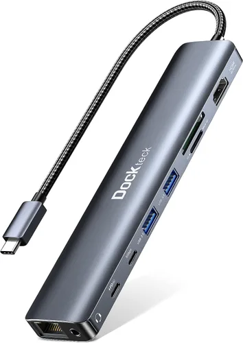Vista 9 de dockteck Hub USB C 7 en 1 con HDMI 4K 60Hz, Ethernet de 1 Gbps, entrega de energía de 100 W, ranuras para tarjetas SD/TF, puertos de datos USB 3.0