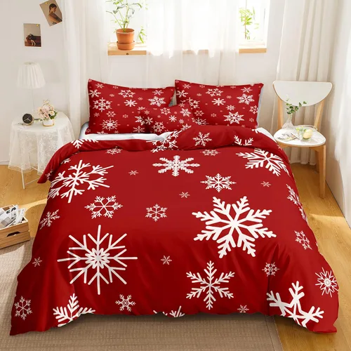 Vista 9 de Juego de ropa de cama de Navidad con funda de edredón de copos de nieve, color blanco y rojo, con estampado navideño, juego de ropa de cama festiva
