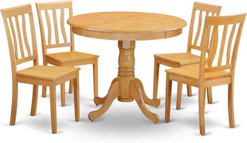 Vista 17 de East West Furniture ANTI3-BLK-W Juego de mesa y sillas de cocina de 3 piezas contiene una mesa de comedor redonda con pedestal y 2 sillas de asiento