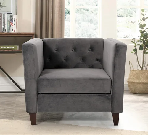 Vista 4 de Container Furniture Direct Sillón tapizado clásico y cómodo de tela de terciopelo bohemio para sala de estar, lectura, dormitorio, oficina y Gris