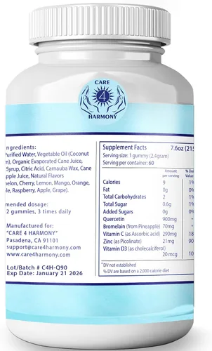 Vista 5 de Paquete de 2 gomitas de quercetina – Quercetina con bromelina vitamina C + zinc vitamina D3 – Quercetina masticable 900 mg suplementos – Quercetina