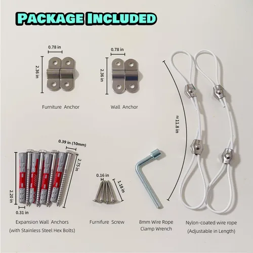 Vista 7 de Anclajes para muebles a prueba de bebés, anclajes de pared para muebles antipuntas para asegurar la cómoda y la estantería, kit de correas