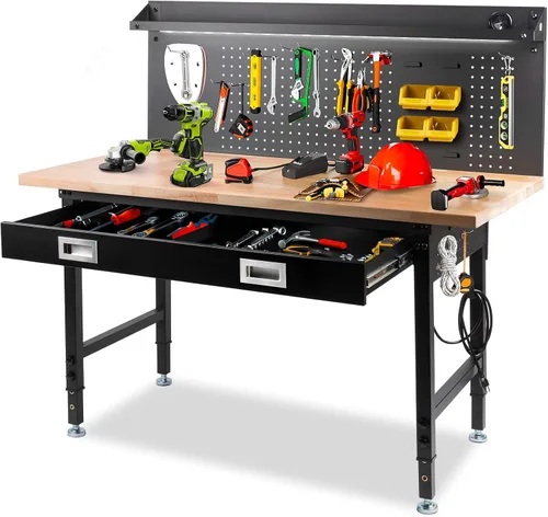 Vista 11 de Banco de trabajo de altura ajustable de 48 x 24 pulgadas, banco de trabajo resistente para garaje con estante debajo de la mesa, mesa de trabajo
