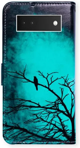 Vista 7 de Bcov Funda para Pixel 6a, diseño de pájaro negro de cuero verde con tapa para teléfono con ranura para tarjetas, soporte para Google Pixel 6a