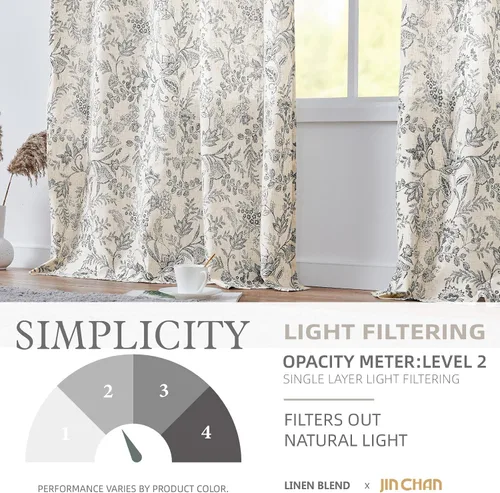 Vista 5 de JINCHAN Cortinas florales de lino para sala de estar, cortinas negras de estilo granja francesa de campo, cortinas de 63 pulgadas de largo, cortinas