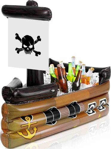 Vista 8 de Zhanmai Enfriador inflable de bebida de barco pirata, contenedor de comida inflable para verano, carnaval, Mardi Gras, fiesta de cumpleaños pirata