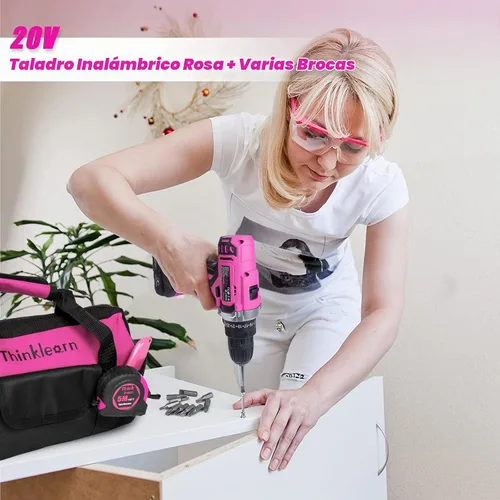 Vista 5 de ThinkLearn - Kit de herramientas con taladro inalámbrico de 20 V (265 lb-in), juego de taladro rosa para mujeres, kit de herramientas para el hogar