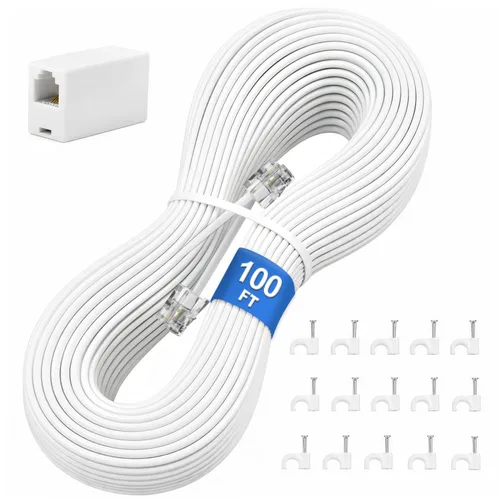 Vista 13 de Uvital Cable de extensión de teléfono de 15 pies, acoplador RJ11 y clips de Negro