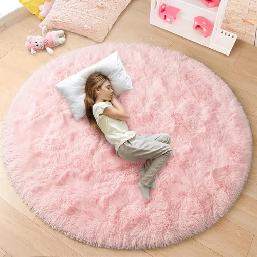 Vista 11 de junovo - Alfombra redonda y esponjosa para niños y niñas, de castillo de princesa, de felpa lanuda, para dormitorio, habitación de bebé, sala