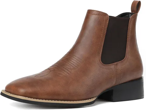 Vista 5 de Botas vaqueras para hombre, punta cuadrada, botas Chelsea para hombre, botas de tobillo occidental, botas de vestir casuales Negro