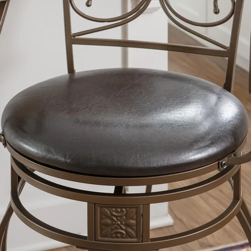 Vista 5 de Powell Dayne - Taburete grande y alto de 24 asientos con brazos en metal de bronce oscuro con asiento acolchado de piel sintética marrón oscuro