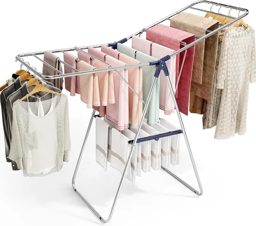 Vista 9 de APEXCHASER Perchero de Ropa, Perchero de Secado de Ropa con Altura Ajustable, Plegable con Alas de Gaviota para Lavandería, Uso