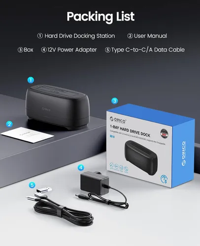 Vista 8 de ORICO Estación de acoplamiento de disco duro para USB C 2.5"/3.5" SSD HDD SATA I II III Base de disco duro externo 22TB 2 en 1 Tipo C a USB A Cable