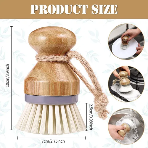 Vista 2 de 4 cepillos de bambú para fregar platos con soportes, de madera, de bambú, redondos, cerdas rígidas, cepillos para lavar platos, ollas, sartenes