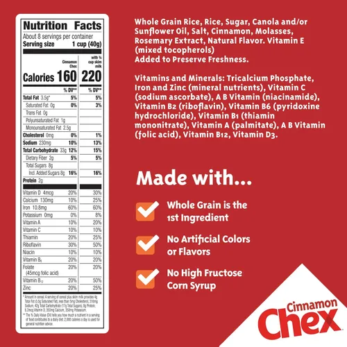 Vista 2 de Cereal de Canela Chex, Cereal para Desayuno Sin Gluten, Hecho con Grano Entero, 12 onzas