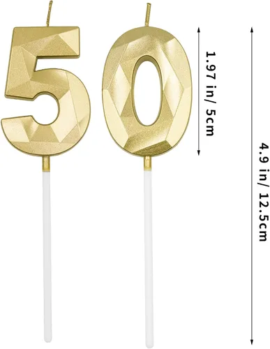 Vista 2 de Velas de cumpleaños número 50 para pastel, velas doradas con forma de diamante 3D con forma de diamante, decoraciones de cumpleaños, suministros