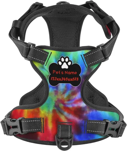 Vista 8 de Arnés personalizado para perro sin tirones, chaleco personalizado con bandera estadounidense para perro con número de teléfono y nombre de mascota