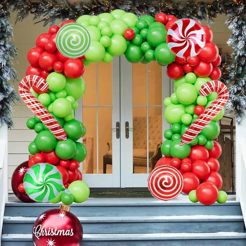 Vista 2 de Kit de arco de globos de Navidad, 129 globos de Navidad con globos de látex de 18 pulgadas, 12 pulgadas, 5 pulgadas, verde, rojo, lima, verde