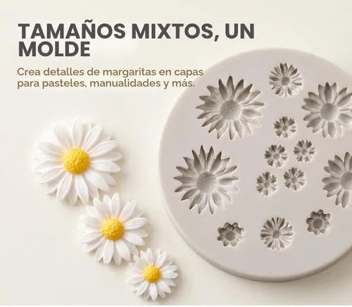 Vista 3 de 4 moldes de silicona con forma de margarita, molde de caramelo para fondant, mini moldes de chocolate con flores para decoración de pasteles
