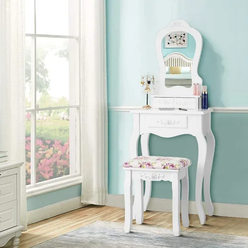 Vista 9 de LDAILY Juego de mesa de tocador con taburete acolchado, mesa de maquillaje con espejo y 3 cajones de almacenamiento, escritorio de escritura