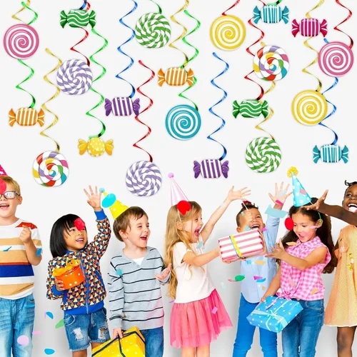 Vista 4 de 48 piezas de decoraciones de fiesta del mundo de caramelos, caramelos coloridos colgantes del mundo, serpentinas colgantes de pared, espirales