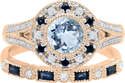Vista 2 de Dazzlingrock Collection 6mm Centre Round Gemstone with Round White Diamond & Baguette Alternating Blue Sapphire Halo Miligrain Wedding Ring Set for