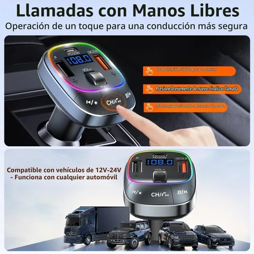 Vista 6 de Redroman Adaptador de coche USB C Bluetooth 5.4 para llamadas manos libres y carga rápida de 48 W, transmisor FM inalámbrico receptor de audio