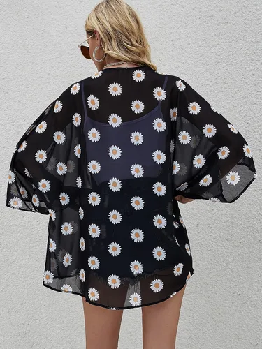Vista 6 de Chunoy Cárdigan estilo kimono de gasa para mujer, ligero, con estampado floral, holgado, de manga corta, salida de baño, blusa para la playa