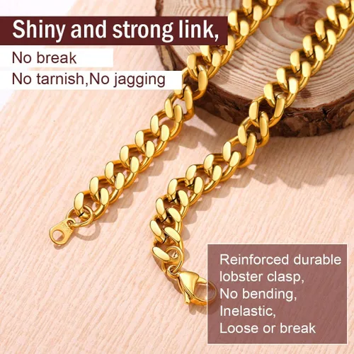 Vista 4 de FindChic - Collar con cadena para hombre chapado en oro de 18 quilates acero inoxidable doble apretado eslabones cubanos para hombres y niños