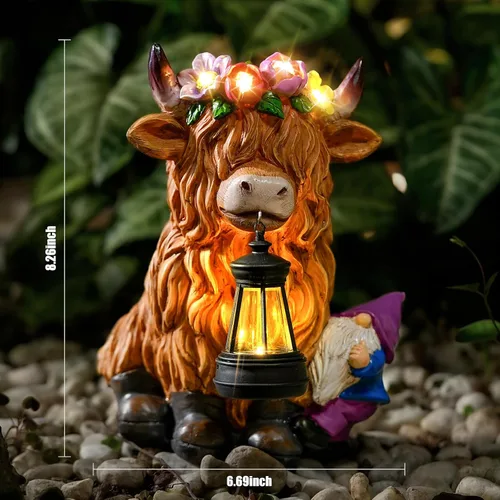 Vista 6 de TOLIMI - Farol de jardín con estatuas de resina de vaca de las tierras altas con gnomo, decoración de luz solar para exteriores, decoraciones
