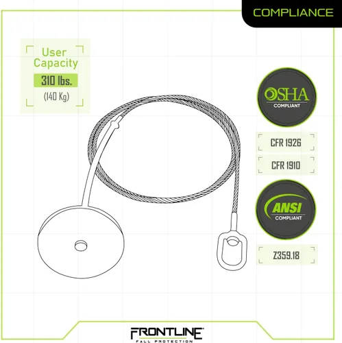 Vista 6 de Frontline Fall Protection DT602 Placa redonda de anclaje de 6 pulgadas con cable de 2 pies Cumple con OSHA y ANSI Punto de anclaje extraíble