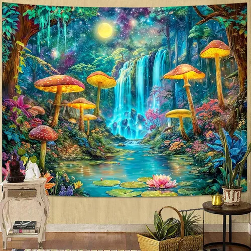 Vista 11 de Kanuyee Tapiz de luz negra de neón para colgar en la pared, bosque encantado, cascada, tapices para dormitorio, tapices UV, para colgar en la pared